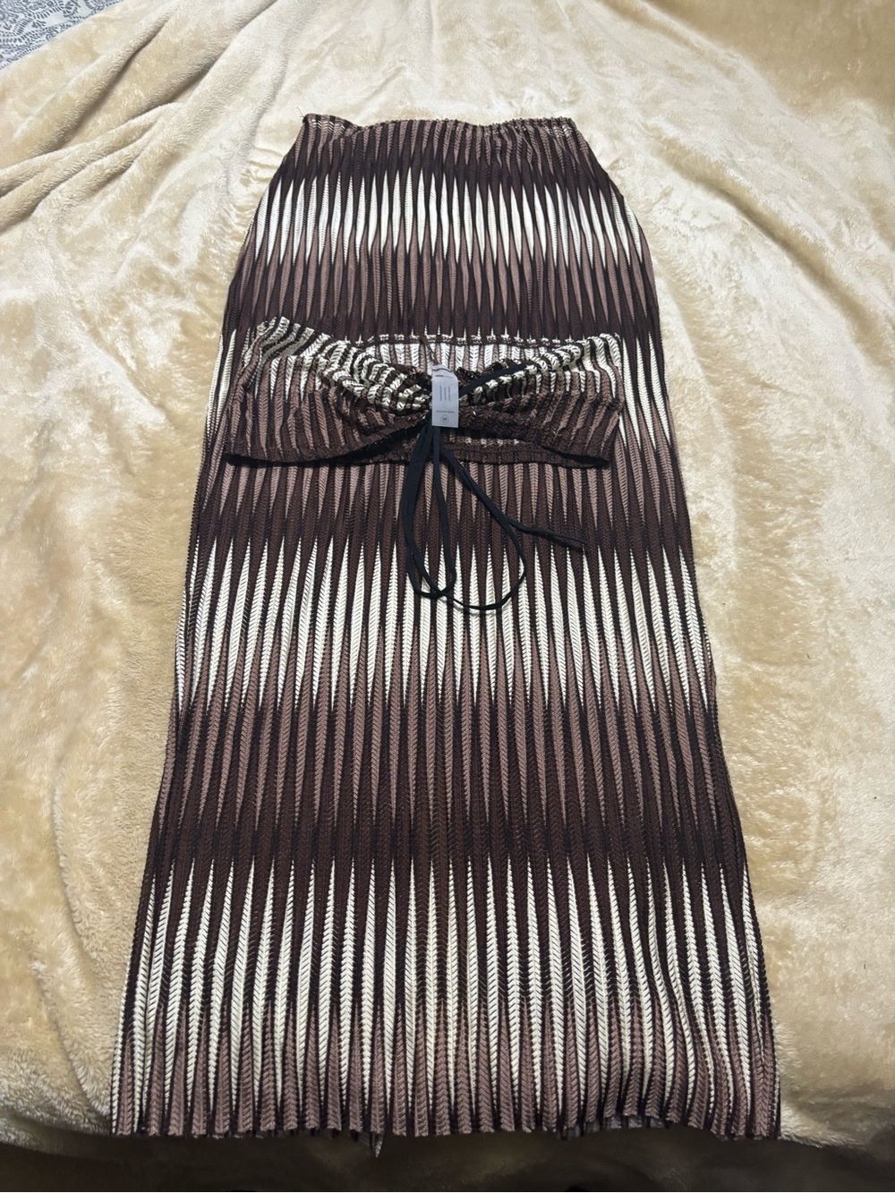 Fashion Nova Brown & Cream Pleated Maxi Skirt